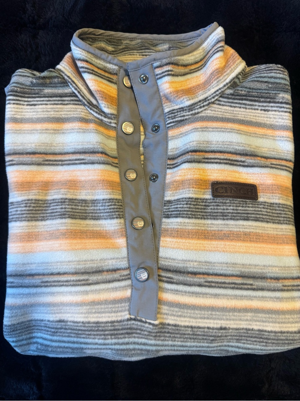 Cinch Striped Fleece Pullover Shirt Jacket - Gray & Peach